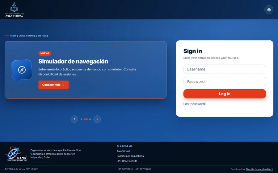 Pantalla de inicio de sesión del Aula Virtual de SPS Chile